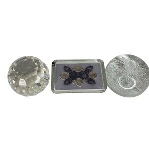 Vtg Mixed Crystal Glass Art Paperweight Lot of 3 Paper Quilled, Faceted,‎ Domed